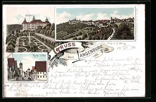Lithographie Langenburg, Teilansicht, Schloss, Kirche und Tor