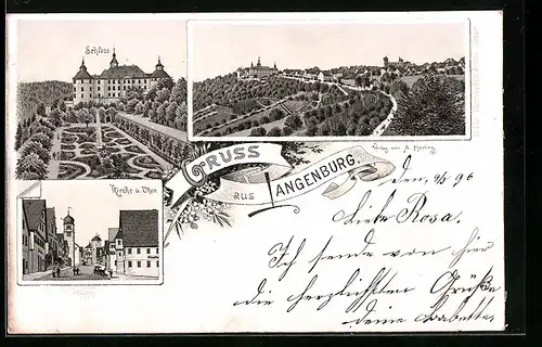 Lithographie Langenburg, Teilansicht, Schloss, Kirche und Tor