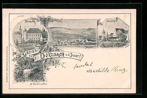 Künstler-AK Dörzbach a. d. Jagst, Schloss Messbach, Schloss Dörzbach, St. Wendelin a. Stein