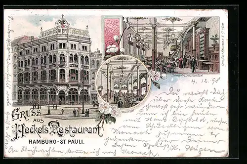 Lithographie Hamburg-St. Pauli, Restaurant Heckel, Innenansichten unterer Restaurants-Saal und oberer Saal