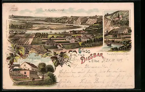 Lithographie Diesbar a. Elbe, Gasthof zum Ross, Blick auf das Elbthal mit Schloss Hirschstein, Dampfschiffstation