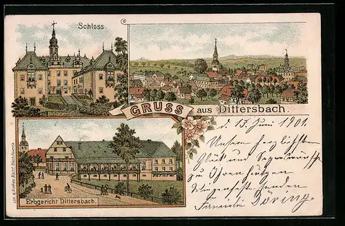 Lithographie Dittersbach, Gesamtansicht, Schloss, Gasthaus Erbgericht
