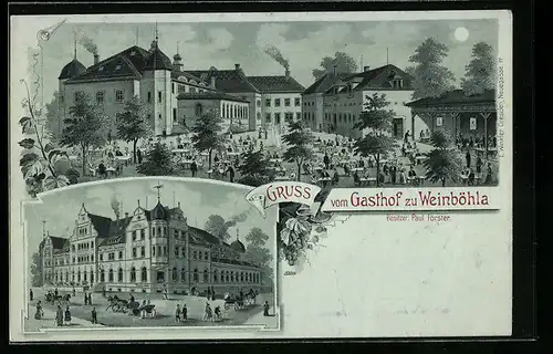 Mondschein-Lithographie Weinböhla, Gasthof zur Weinböhla, Garten
