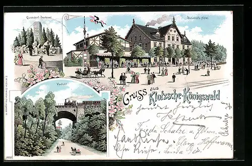 Lithographie Dresden-Klotzsche, Bahnhofs-Hotel, Quosdorf-Denkmal, Viaduct
