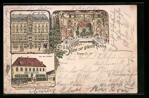 Lithographie Dresden-Neustadt, Hotel zur grünen Tanne & altem Gasthof