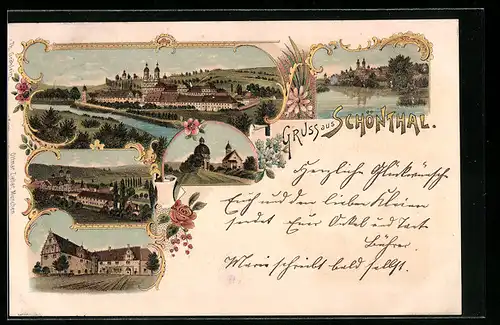 Lithographie Schönthal, Ortsansicht, Kirche