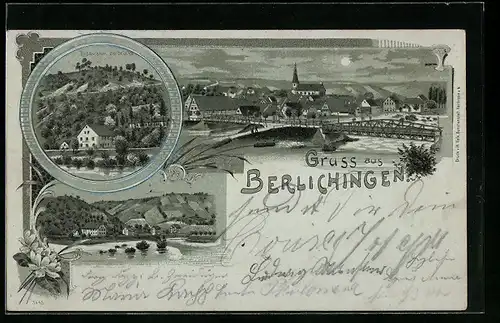 Mondschein-Lithographie Berlichingen, Restaurant zur Brücke, Teilansicht mit Brücke