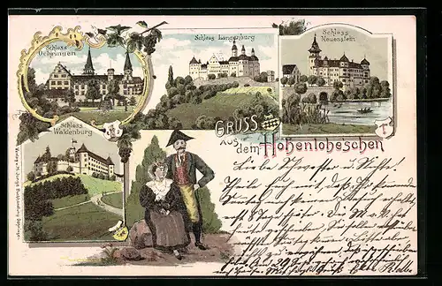 Lithographie Neuenstein, Schloss Neuenstein, Schloss, Ochringen, Gruss aus dem Hohenlohe`schen