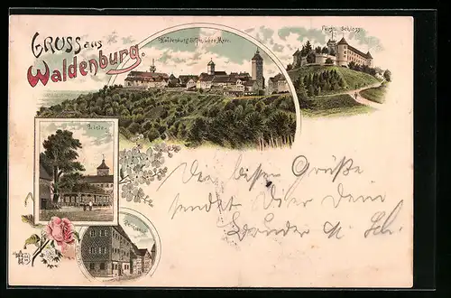 Lithographie Waldenburg, Füstl. Schloss, Linde, Pensionnat