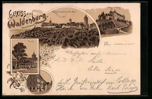 Lithographie Waldenburg, Fürstl. Schloss, Ortsansicht