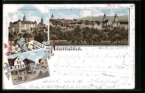 Lithographie Neuenstein, Bierbrauerei zur Sonne und Rathaus, Schloss mit Kirche, Teilansicht