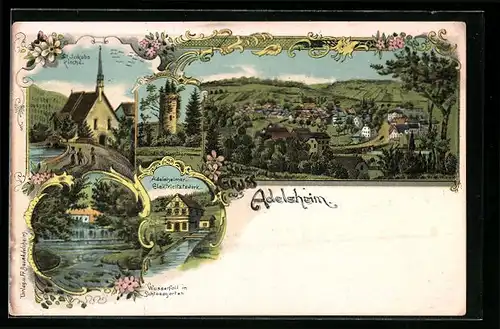 Lithographie Adelsheim, Elektrizitätswerk, Wasserfall im Schlossgarten, St. Jakobs Kirche