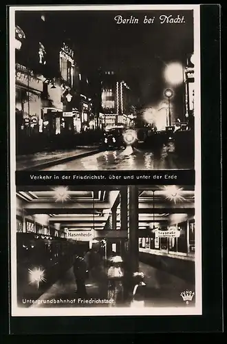 AK Berlin, Friedrichstrasse, U-Bahnhof, Strassenverkehr bei Nacht