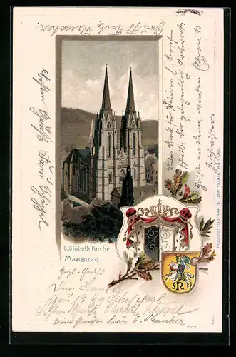 Passepartout-Lithographie Marburg, Elisabeth Kirche, Wappen