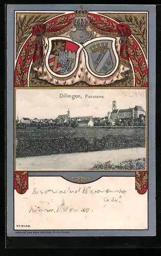 Passepartout-Lithographie Dillingen, Panorama mit Wappen
