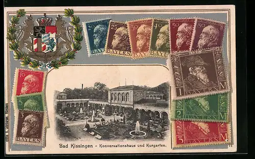 AK Bad Kissingen, Konversationshaus und Kurgarten, Briefmarken, Wappen