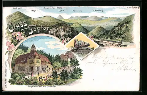 Lithographie Oybin, Bergpanorama, Gasthaus Bergwirtschaft Töpfer mit Feldenthor, Brütende Henne