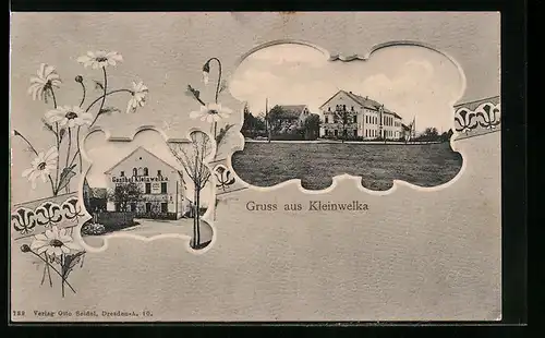 Passepartout-AK Kleinwelka, Gasthof Kleinwelka mit Strasse, Blumen