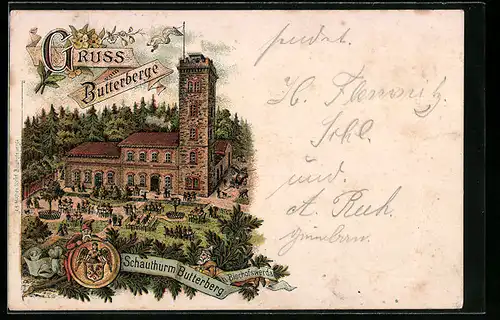 Lithographie Bischofswerda, Gasthaus Schauthurm Butterberg, Wappen