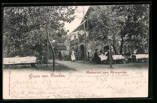 AK Diesbar, Restaurant zum Rosengarten, Gartenansicht mit Gästen