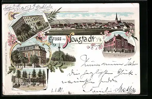 Lithographie Neustadt i. S., Panorama, Amtgericht, Gasthaus auf dem Ungerberg