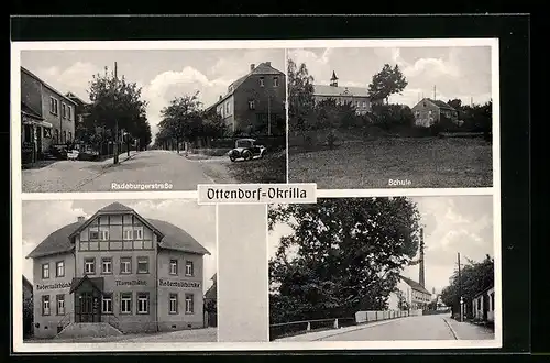 AK Ottendorf-Okrilla, Radeburgerstrasse, Schule, Gasthaus Rödertalschänke