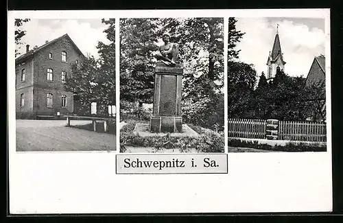 AK Schwepnitz /Sa., Ortspartie, Kriegerdenkmal, Kirche