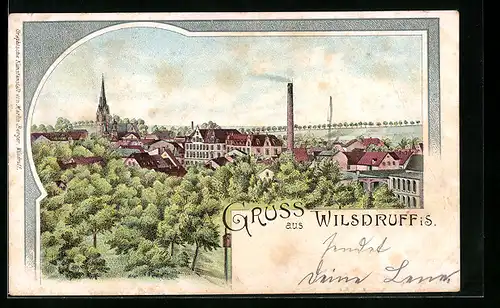 Lithographie Wilsdruff i. S., Ortsansicht mit Bäumen aus der Vogelschau