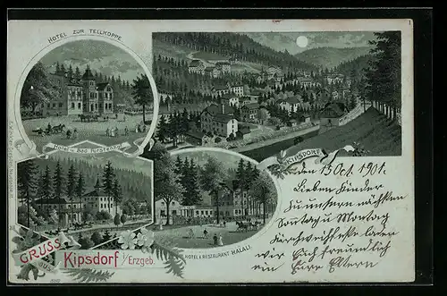 Mondschein-Lithographie Kipsdorf /Erzgeb., Gesamtansicht, Hotel zur Tellkoppe, Hotel-Bad Fürstenhof, Hotel Halali