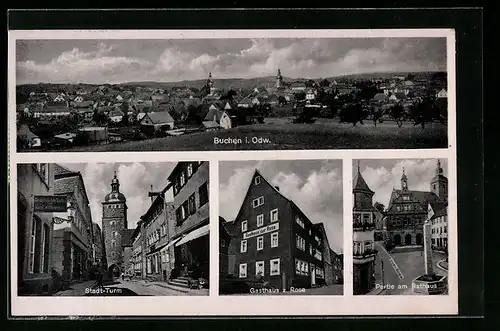 AK Buchen /Odenw., Panorama, Gasthaus zur Rose, Strassenpartie mit Stadt-Turm
