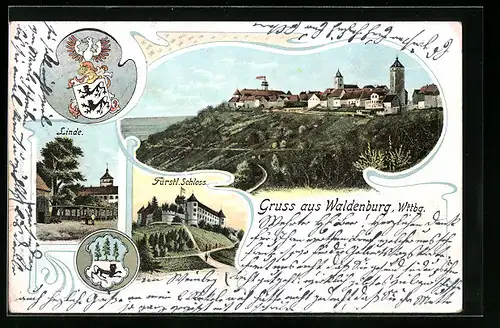 Passepartout-AK Waldenburg /Württ., Gesamtansicht, Linde, Schloss, Wappen