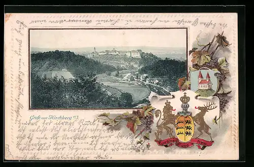Passepartout-Lithographie Kirchberg / Jagst, Gesamtansicht mit Umgebung aus der Vogelschau, Wappen