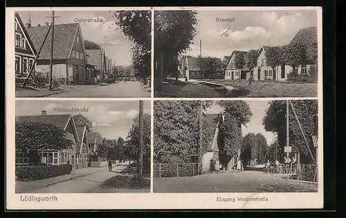 AK Lüdingworth, Osterstrasse, Grashof, Kirchhofstrasse, Eingang Westerstrasse