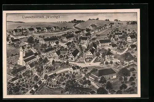 Künstler-AK Unterschwarzach /Württbg., Ortsansicht aus der Vogelschau