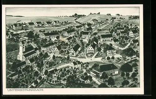 Künstler-AK Unterschwarzach, Ortsansicht aus der Vogelschau