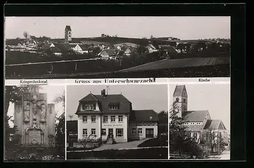 AK Unterschwarzach, Handlung v. Georg Neff, Kirche, Ortsansicht, Kriegerdenkmal