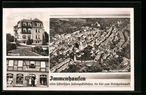 AK Immenhausen, Fliegeraufnahme des Ortes, Philippstift, Geschäft von Karl Rohde