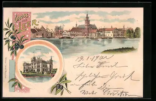 Lithographie Leer, Ortsansicht, Schloss Evenburg