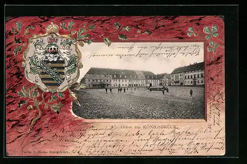 Passepartout-Lithographie Königsbrück, Ortspartie mit Wappen