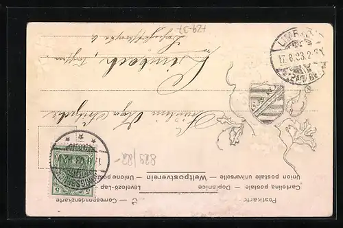 Passepartout-Lithographie Königsbrück, Ortspartie mit Wappen