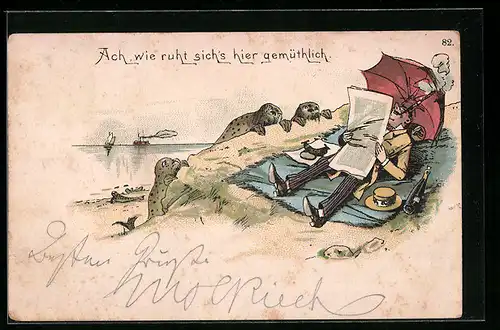 Vorläufer-Lithographie Lesender Herr am Strand wird von Robben beobachtet, 1892