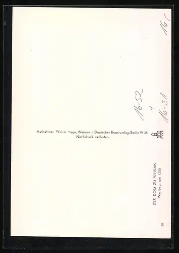 Foto-AK Deutscher Kunstverlag, Nr. 28, Walter Hege: Worms, Westbau des Doms, um 1230