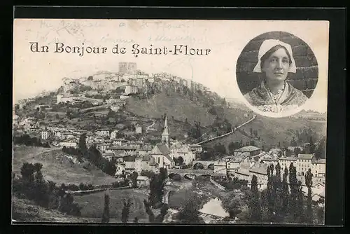AK Saint-Flour, Ortsansicht mit Frau in Tracht