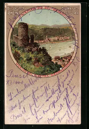 Lithographie St. Goar, Burg Katz mit Blick zum Ort, Reklame für Wertheims Electra Nähmaschine im Passepartout
