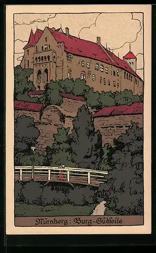 Steindruck-AK Nürnberg, Blick auf die Burg von der Südseite