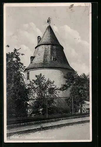 AK Simmern, Blick auf den Schinderhannesturm, Landpoststempel