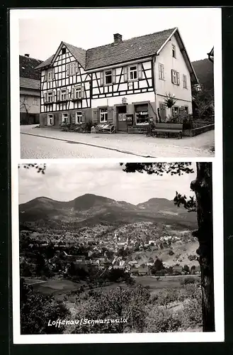 AK Loffenau /Schwarzwald, Ortsansicht aus der Vogelschau, Fachwerkhaus mit Geschäft