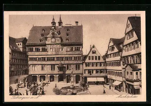 AK Tübingen a. N., Marktplatz mit Geschäften und Brunnen