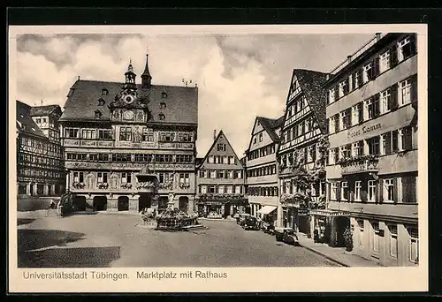 AK Tübingen, Marktplatz mit Hotel Lamm und Brunnen