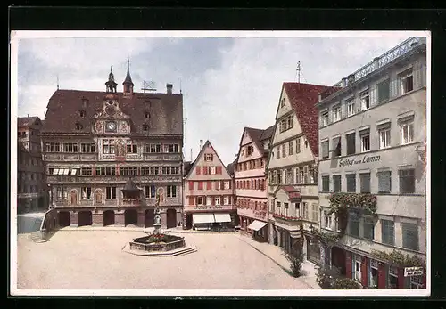 AK Tübingen, Marktplatz mit Gasthaus zum Lamm und Rathaus